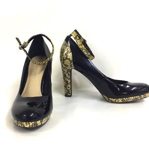 7.5 Black Snakeskin Reptile Ankle Strap Stilettos